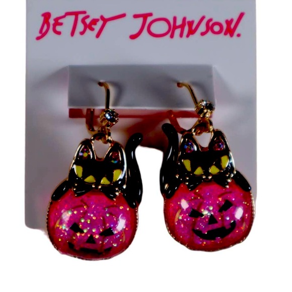 New Betsey Johnson Faux Stone Cat Pumpkin Drop Earrings - Picture 2 of 8